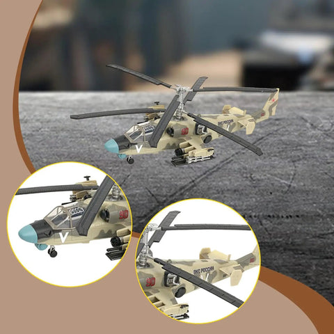 One To Seventy Two Scale Aircraft Model Kit With Pre Painted Parts For Instant Display Dope Realistic Mini Plane Decor For Cafes TV Cabinets Or Shelves Khaki Finish showing detailed helicopter model and close-up views