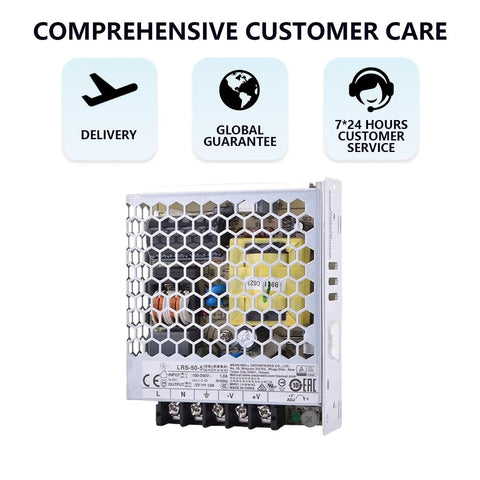 Heavy Duty Industrial Power Supply Serving Smooth Five Volt Ten Amp Dc Juice For Automation Led Arrays And Telecom Racks With Universal Vac Input Built Like A Tank For Non Stop Factory Shifts, with metal housing and wiring terminals.