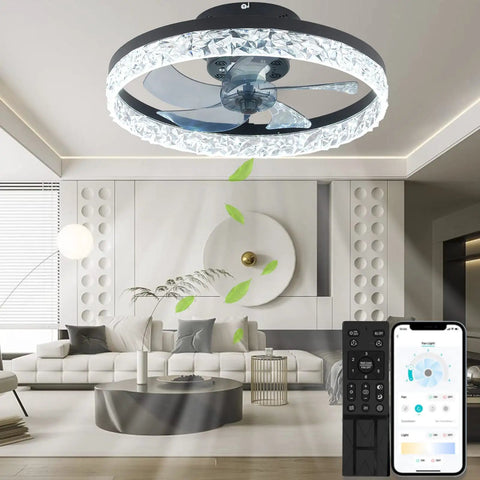 Remote Controlled Ceiling Fan With Lights 19.69 Inch Flush Mount 31W Dimmable LED Chandelier in modern living room