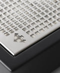 Close-up of Pro Grade Home Espresso Machine With E61 Group PID Temperature Control Shot Timer Programmable Preinfusion Handmade In Italy Black Finish drip tray