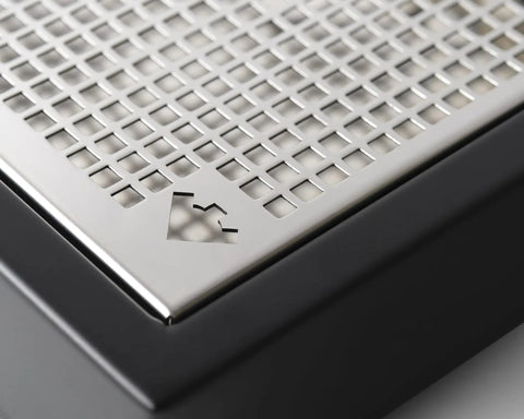 Close-up of Pro Grade Home Espresso Machine With E61 Group PID Temperature Control Shot Timer Programmable Preinfusion Handmade In Italy Black Finish drip tray