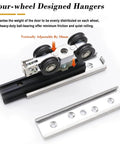 Sliding Door Track Kit With Soft Close Pocket Door Hardware Heavy Duty Smooth Quiet Black Barn Door System for Pantry and Closet 18.7 Feet Aluminum Single Track Includes Rollers Floor Guide And Hanger Plate showing four-wheel designed hangers