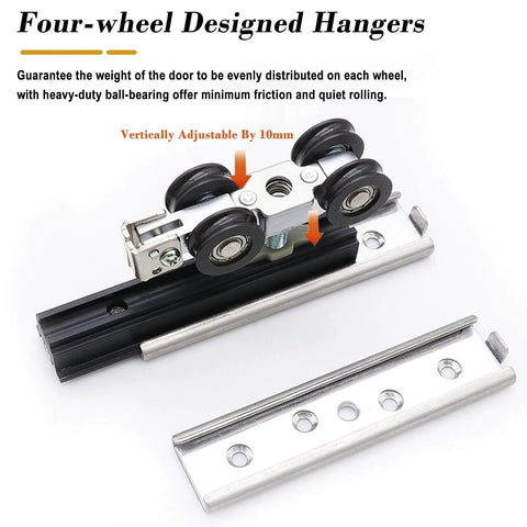 Sliding Door Track Kit With Soft Close Pocket Door Hardware Heavy Duty Smooth Quiet Black Barn Door System for Pantry and Closet 18.7 Feet Aluminum Single Track Includes Rollers Floor Guide And Hanger Plate showing four-wheel designed hangers