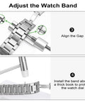 Watch Link Removal Kit With Six Extra Pins And Hammer For Easy Bracelet Removal And Band Size Adjustment instructions diagram