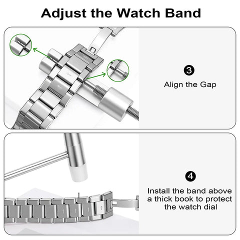 Watch Link Removal Kit With Six Extra Pins And Hammer For Easy Bracelet Removal And Band Size Adjustment instructions diagram