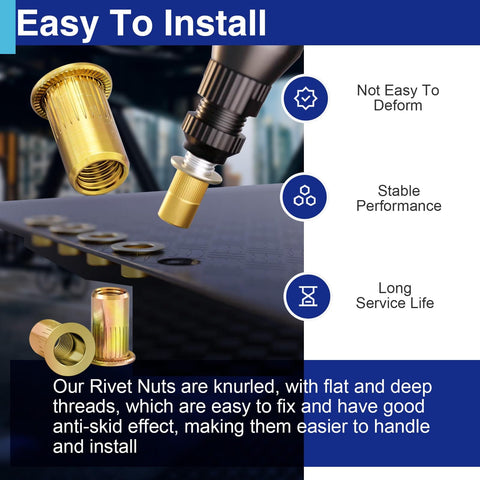 1/4-20 Rivet Nuts Zinc Plated Carbon Steel Threaded Insert Rivnut Flat Head UNC 20 Pieces with installation example.
