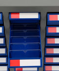 Close-up of ABS drawers on a Bolt And Nut Tool Storage Cabinet With 75 Drawers For Garage And Workshop Organization Made With ABS Drawers And Heavy Duty Metal Shelves To Keep Bolts Nuts Electronics Components And Small Parts Neat And Ready To Grab.