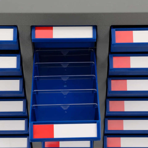 Close-up of ABS drawers on a Bolt And Nut Tool Storage Cabinet With 75 Drawers For Garage And Workshop Organization Made With ABS Drawers And Heavy Duty Metal Shelves To Keep Bolts Nuts Electronics Components And Small Parts Neat And Ready To Grab.