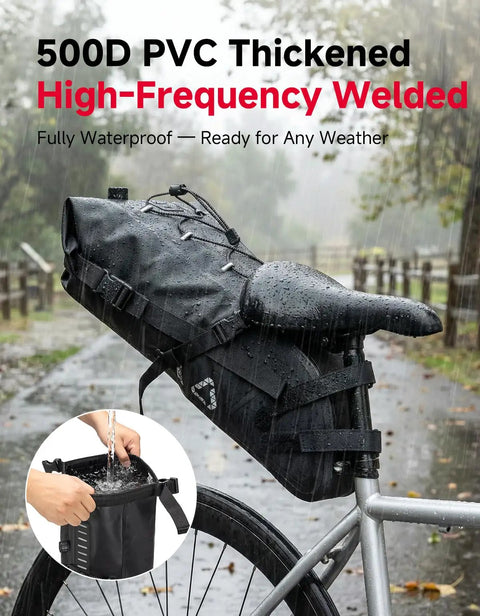 Expandable 13L-15L Waterproof Bikepacking Saddle Bag for Road, Mountain, and E-Bikes with Roll-Top Closure in rainy setting