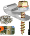 Heavy Duty Stainless Steel Fence Clamps For Wood Posts 200 Piece Set For Wire Fencing showing clamps, screw, and drill application