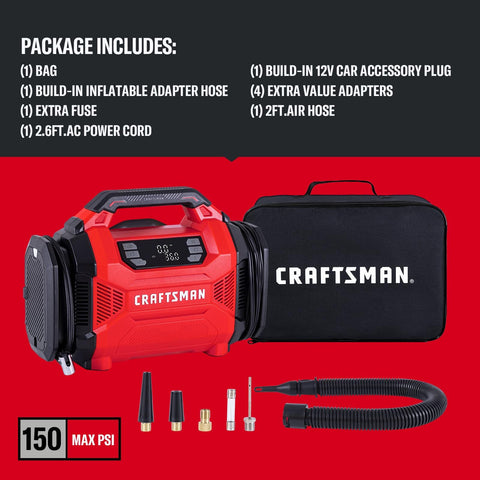 Dual Power Tire Inflator Portable Air Compressor With 12V Car Plug And 120V Home Use Up To 150 PSI Digital Gauge Auto Shut Off LED Light Handy Air Pump For Cars Bikes And Inflatables, shown with accessories and carry bag.