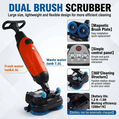 Lightweight Pro Grade Commercial Floor Scrubber With 360 Degree Rotating Head And Dual Brush System, 240 RPM shown