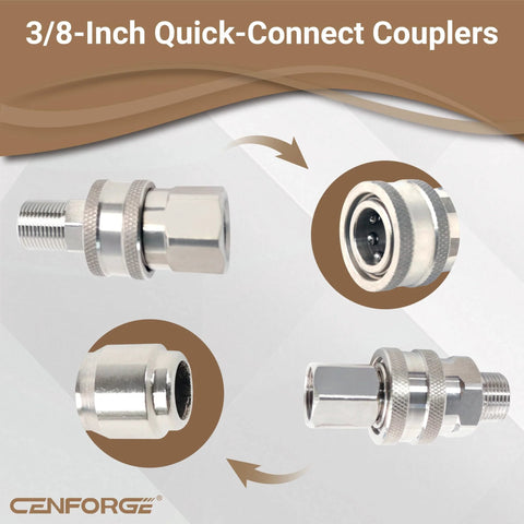 Cenforge 3/8-inch stainless steel quick-connect pressure washer fittings set (8 pcs) with male and female threads, front view.