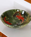 Koi And Lily Pond Glass Vessel Sink With Tempered Glass, 16.5 Inch Diameter By 5.75 Inch High, koi design on countertop