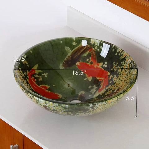 Koi And Lily Pond Glass Vessel Sink With Tempered Glass, 16.5 Inch Diameter By 5.75 Inch High, koi design on countertop