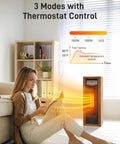 Blazing Warm 1500W Electric Space Heater, Slick Portable Tower Unit With Remote And Adjustable Thermostat For Cozy Indoor Comfort, Walnut Finish, with thermostat control.