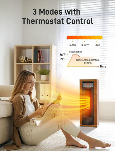 Blazing Warm 1500W Electric Space Heater, Slick Portable Tower Unit With Remote And Adjustable Thermostat For Cozy Indoor Comfort, Walnut Finish, with thermostat control.