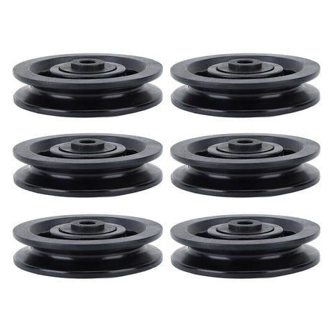 Heavy Duty Smooth Action Nylon Bearing Pulley Wheels 10 Pack With 90Mm Diameter And 10Mm Center Bore For Zero Roll Gym Cable Machine Tracking And Garage Door System Replacement Sheaves - six black nylon pulleys arranged in a row.