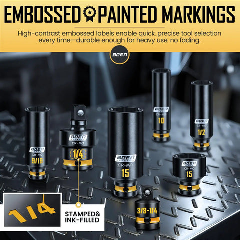 Quarter Inch Drive Impact Socket Set - 74 Piece SAE and Metric Deep and Shallow Sockets With Painted Markings displayed on metal surface
