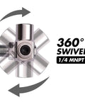 1/4 Inch NPT 360 Degree Swivel Air Hose Connector For Flexible Tooling, Industrial Swivel Air Fittings, 300 PSI Max, Accepts Standard Threaded Fittings And Quick Change Adapters, Silver, shown with 360° swivel