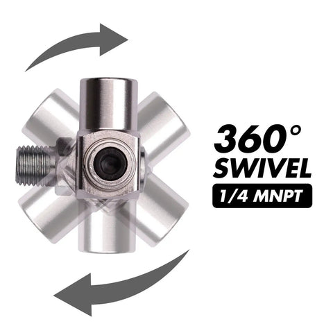 1/4 Inch NPT 360 Degree Swivel Air Hose Connector For Flexible Tooling, Industrial Swivel Air Fittings, 300 PSI Max, Accepts Standard Threaded Fittings And Quick Change Adapters, Silver, shown with 360° swivel