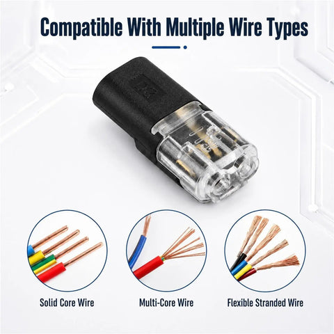 Beefy Heavy Duty No Strip Wire Splice Connectors 2 Pin Quick Snap Ground Terminals, suitable for solid, multi-core, and stranded wire.
