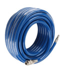 50 Ft PVC Air Hose With Quick Connect Coupler For Air Compressor Heavy Duty Wear Resistant Blue Kink Resistant Hose coiled on a spool.