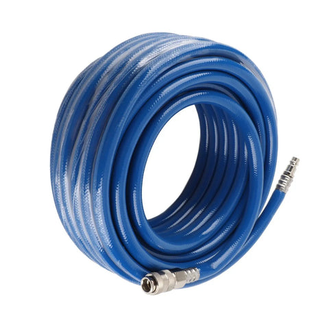 50 Ft PVC Air Hose With Quick Connect Coupler For Air Compressor Heavy Duty Wear Resistant Blue Kink Resistant Hose coiled on a spool.