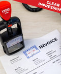 Self Inking Date Stamp With Received Phrase on paperwork, compact design on desk showing smooth twist mechanics for easy use.