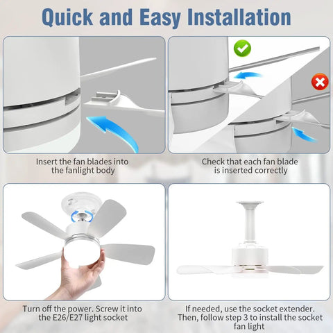 Installation of 17.5 Inch Socket Fan Light With Remote, 25W LED Ceiling Fan, showing blade attachment and socket fitting