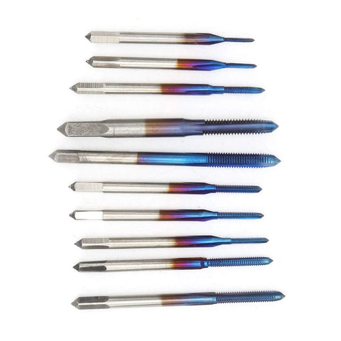 Heavy Duty Tungsten Steel Thread Tap Set Built Like Iron For Absolute No Sweat Threading On Wood Plastic And Aluminum Pro Grade Everyday Carry Workhorse Tool Kit with various sizes.