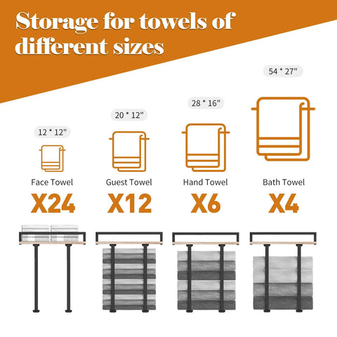 Dimensions and storage capacity of Wall Mounted Towel Rack With Wooden Shelf For Folding Large Towels Metal Towel Holder.