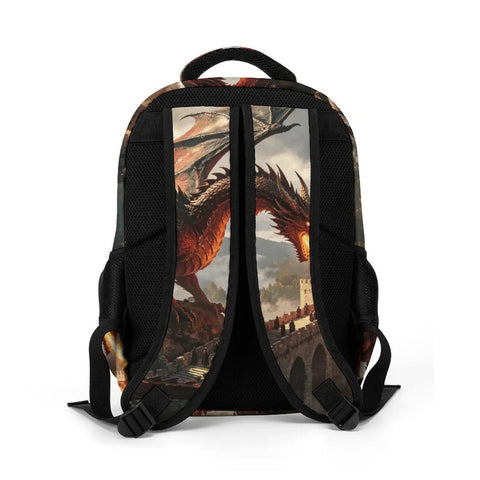 Castle Fire Wyrm Printed Unisex Backpack With Large Capacity viewed from back showing dragon print, sturdy straps.