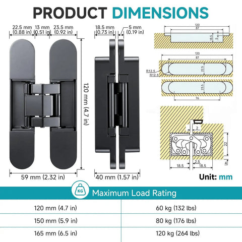Stealth Hidden Door Hinges 4.5 Inch Invisible Hinge Set dimensions and load rating chart, shown in black metal.