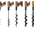 Set Of 5 Garden Auger Drill Bits For Planting With 3/8 Inch Hex Drive displayed with different auger sizes in use with drill