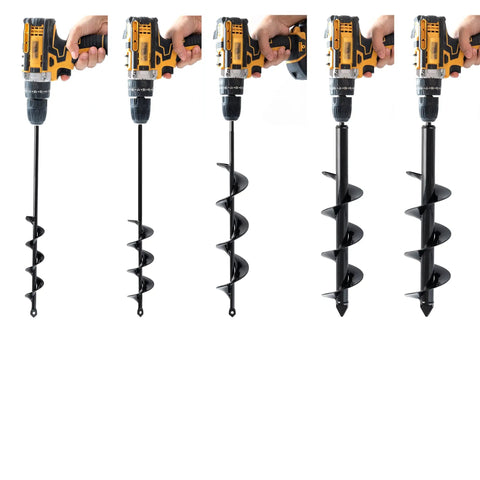 Set Of 5 Garden Auger Drill Bits For Planting With 3/8 Inch Hex Drive displayed with different auger sizes in use with drill