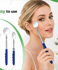 Extendable Telescoping Inspection Mirror Set With Rotating Heads And Long Handle For Mechanics Inspectors And Auto Boat Maintenance Includes 50mm Round 25mm Oval And 30mm Small Round Mirrors, woman using round mirror