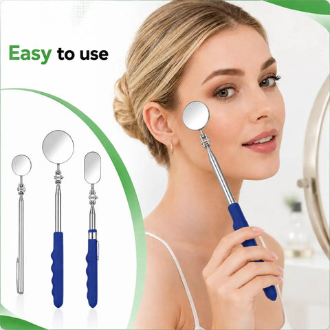 Extendable Telescoping Inspection Mirror Set With Rotating Heads And Long Handle For Mechanics Inspectors And Auto Boat Maintenance Includes 50mm Round 25mm Oval And 30mm Small Round Mirrors, woman using round mirror