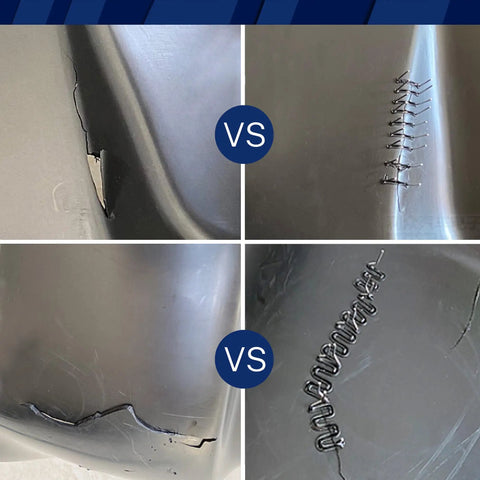 Comparison of car bumper repair using Plastic Weld Kit For DIY Car Bumper And Plastic Part Repairs With Hot Staples, Fast Fix.