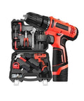 Cordless Electric Drill With Rechargeable Lithium Battery And 75 Piece Toolbox Set, featuring tools in a sturdy case, ideal for home projects.