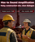Construction worker wearing Bluetooth Hearing Protection Earmuffs With 4X Sound Amplification Gel Cushioned Ears 30dB Noise Reduction 120-Hour Playtime 6.0 Tech Built For Workshops Lawn Care Range Mowing And DIY Projects
