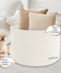 XXXL Cotton Rope Storage Basket With Handles Extra Large 22x22x14 Inches holding cushions in room, cream color.