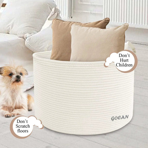 XXXL Cotton Rope Storage Basket With Handles Extra Large 22x22x14 Inches holding cushions in room, cream color.
