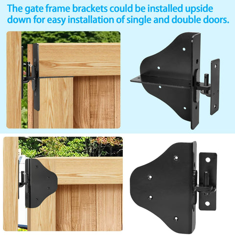 Fence Gate Kit With Gate Latch And Beefy Hinges 90 Degree Right Angle Brackets Anti Sag Gate Hardware Corner Brace Set installed on wood gate
