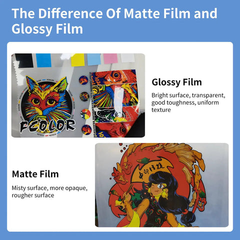 Comparison of matte and glossy films with vibrant cat and dragon designs, text highlights differences in surface texture and transparency.