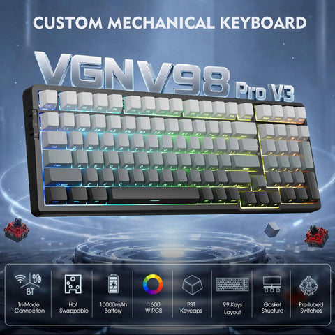 Premium Tri Mode Wireless Gaming Keyboard With Bluetooth And 2.4Ghz Support Plus Steady Usb C Wired Option For Quick Five Device Pairing, featuring customizable RGB and mechanical key switches.