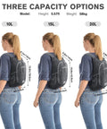 Lightweight Packable Hiking Daypack 10L/15L Foldable Outdoor Backpack For Travel And Day Hikes shown in three sizes on woman model