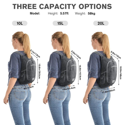 Lightweight Packable Hiking Daypack 10L/15L Foldable Outdoor Backpack For Travel And Day Hikes shown in three sizes on woman model