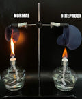 Comparison test of normal fabric burning and fireproof fabric resisting flame.