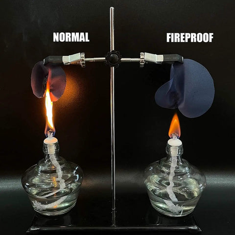 Comparison test of normal fabric burning and fireproof fabric resisting flame.